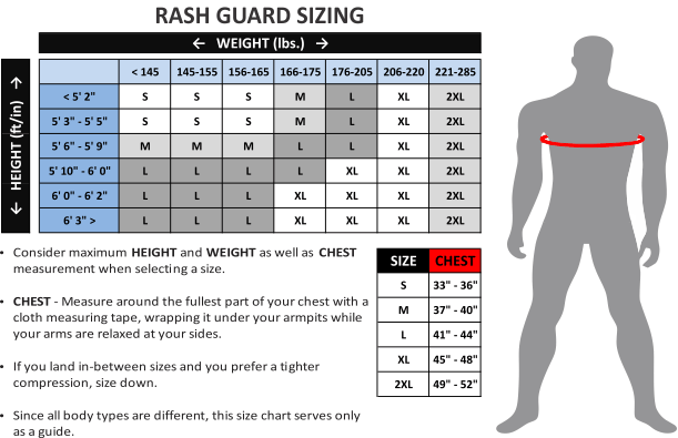 BJJ Rash Guard Shirt Sizing Chart