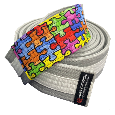 Autism Awareness Jujitsu Gray Rank Belt with White Stripe (Clearance Item)