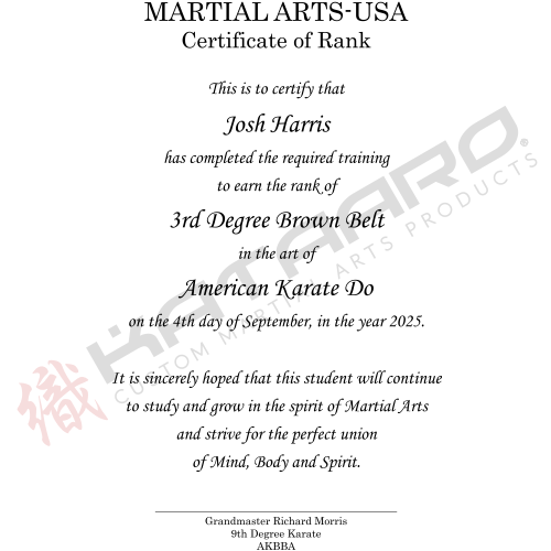 Custom Martial Arts Rank Certificate English Text Vertical