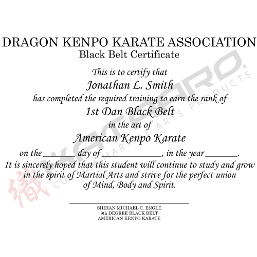 Custom Martial Arts Rank Certificate - English Text