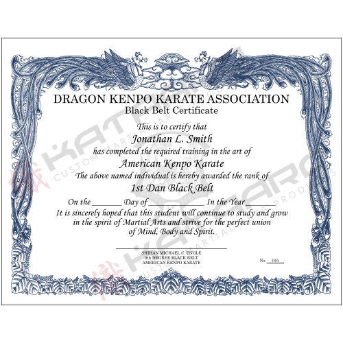 Custom English Martial Arts Certificate Phoenix Dark Blue Border Landscape