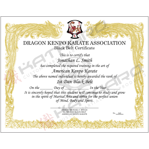 Custom English Martial Arts Certificate Phoenix Gold Border Logo Landscape