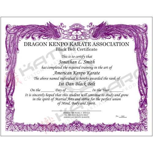 Custom English Martial Arts Certificate Phoenix Purple Border Landscape