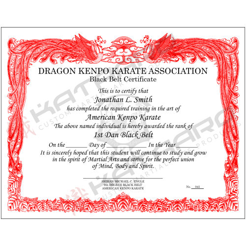 Custom English Martial Arts Certificate Phoenix Red Border Landscape