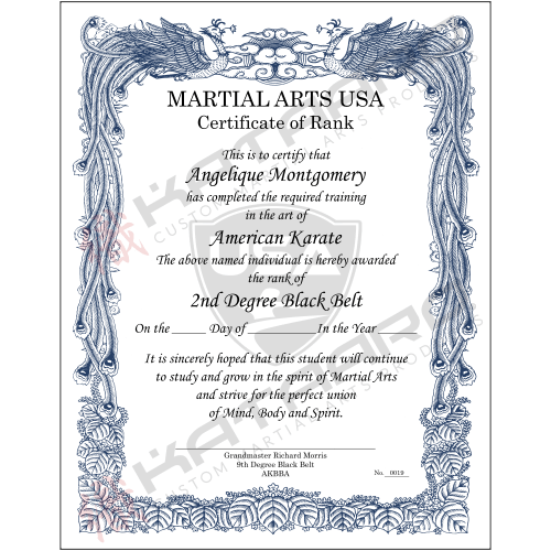 Custom English Martial Arts Certificate Phoenix Dark Blue Border Portrait