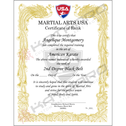 Custom English Martial Arts Certificate Phoenix Gold Border Logo Portrait