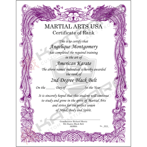Custom English Martial Arts Certificate Phoenix Purple Border Portrait