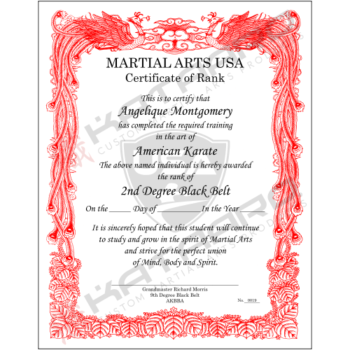 Custom English Martial Arts Certificate Phoenix Red Border Portrait