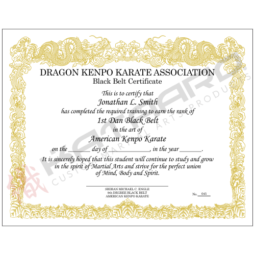 Custom English Martial Arts Certificate Dragon Gold Border Landscape