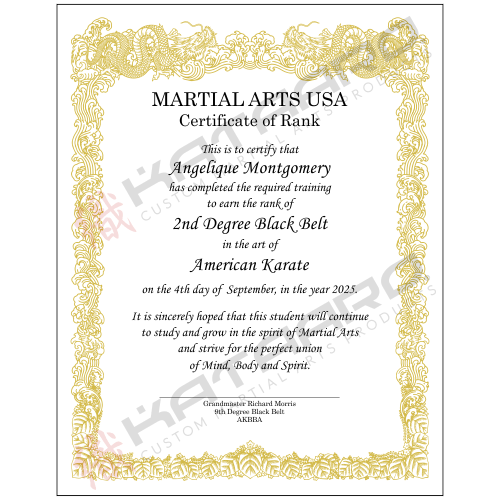 Custom English Martial Arts Certificate Dragon Gold Border Portrait