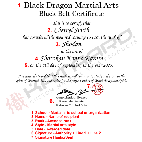 Custom Japanese Martial Arts Certificate English Text Key 1
