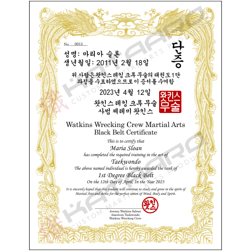 Custom Korean Martial Arts Certificate