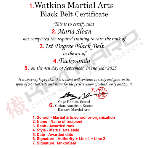 Custom Korean Martial Arts Certificate English Text Key 1