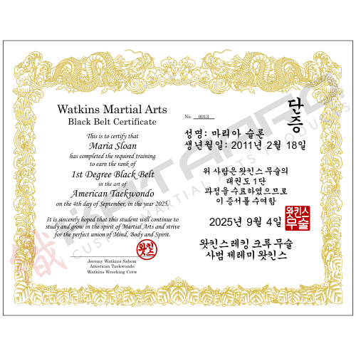Custom Korean Martial Arts Certificate Dragon Gold Border Landscape
