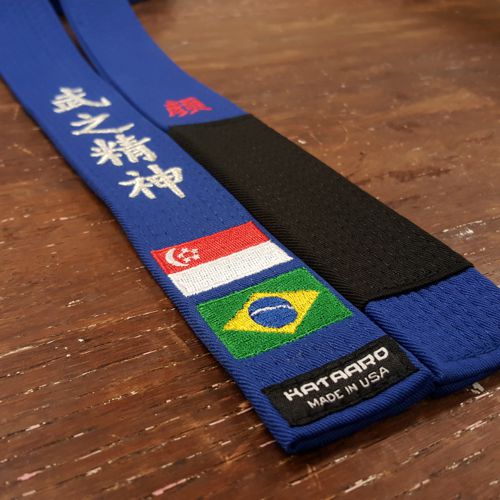 Embroidered BJJ Jujitsu Blue Rank Belt Brazilian Flag Photo