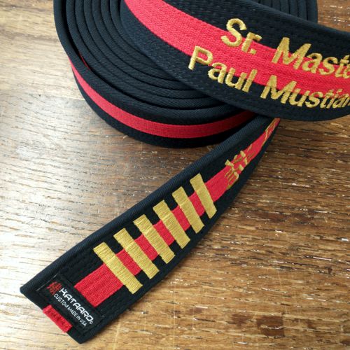 Embroidered Martial Arts Master Black Belt with Red Stripe