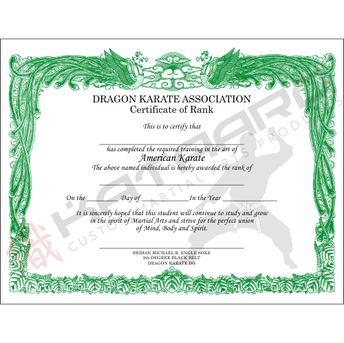 Martial Arts Certificate in Green - English Semi-Custom
