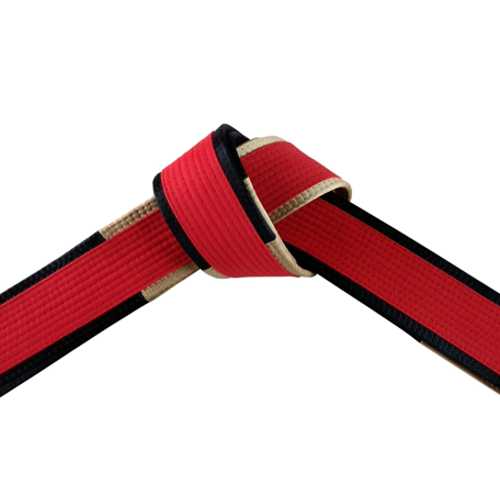 Martial Arts Master Red Belt with Black Satin Gold Border Tied