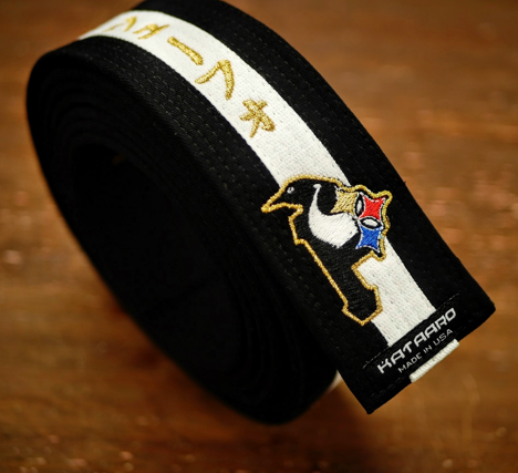 Embroidered Martial Arts Black Belt with White Stripe Pirates Penguins