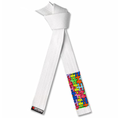 Autism Awareness Jujitsu White BJJ Belt - Puzzle Sleeve