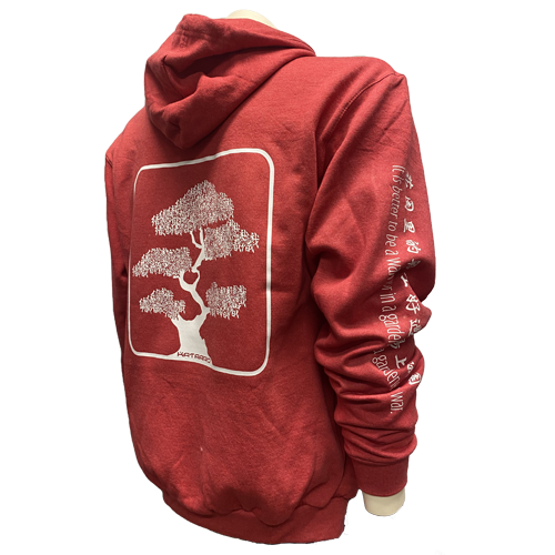 Red Kataaro Martial Arts Bonsai Zip Up Hoodie Side View that shows both the bonsai design on the back as well as the kanji and English on the right sleeve