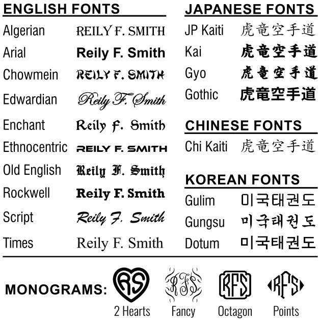 Martial Arts Embroidery Fonts English Japanese Chinese and Korean