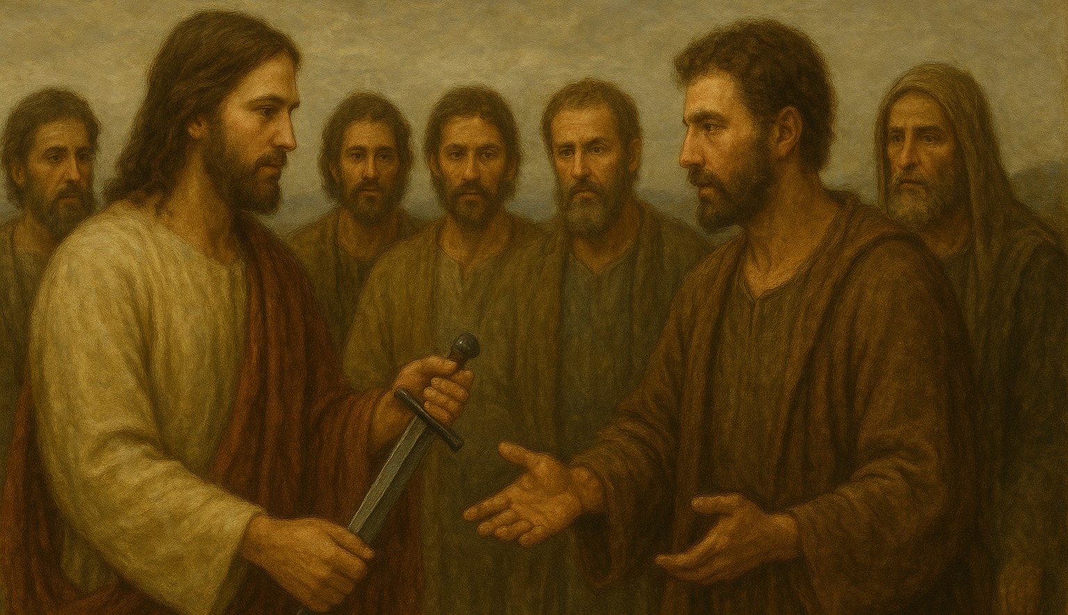 Jesus teaches his disciples to buy a sword