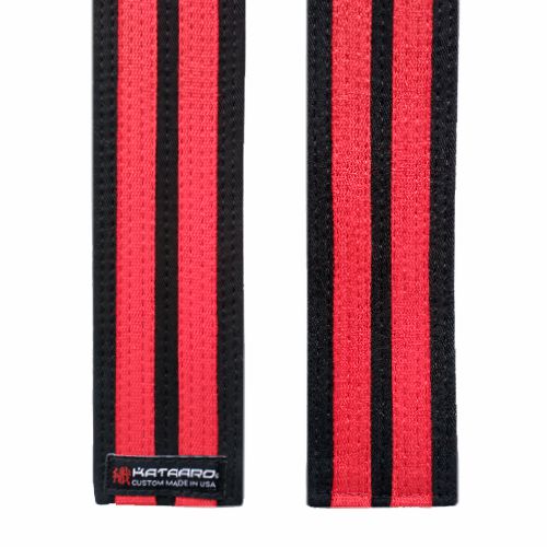 Deluxe Martial Arts Black Belt with Double Red Stripes Ends Detail