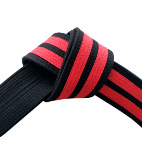 Deluxe Martial Arts Black Belt with Double Red Stripes Tied