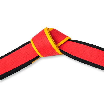 Martial Arts Master Red Belt with Black and Amber Gold Panel Border Tied