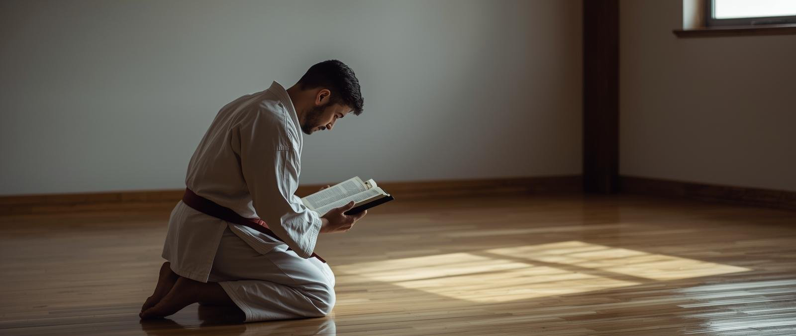 Christian martial artist in dojo with an open Bible