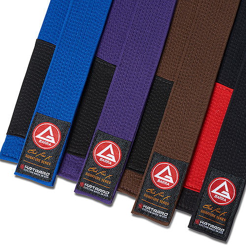 Gracie Barra x Kataaro Jiujitsu Belts, including blue, purple, brown, and black