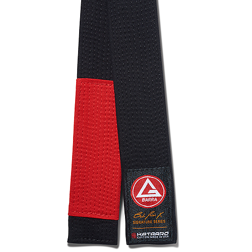 Gracie Barra x Kataaro Jiujitsu Black Belt showing red rank sleeve and collaboration label