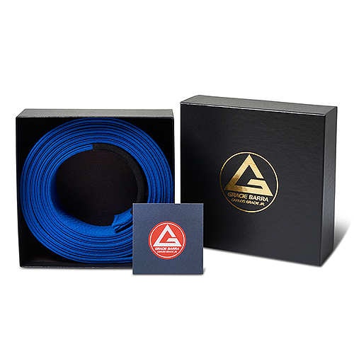 Gracie Barra x Kataaro Jiujitsu Blue Color Belt Bundle, including authentication card and gift box with rolled up blue belt